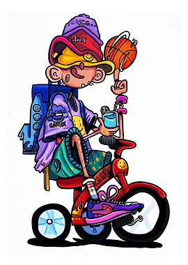 Cartoon Character on Tricycle with Basketball