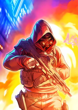 Hooded Figure with Gas Mask and Rifle