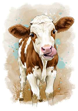 Watercolor Cow Licking Its Nose