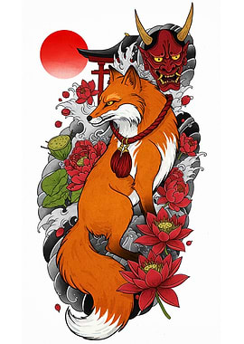 Japanese Fox with Oni Mask Illustration