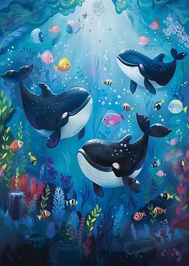 Whales and Fish Underwater Illustration