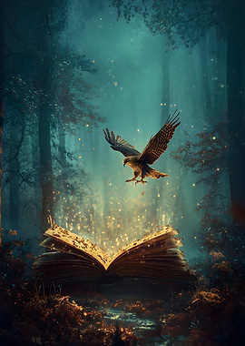 Magical Book and Eagle in Forest
