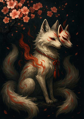 Kitsune with Mask and Cherry Blossoms