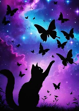 Cat Reaching for Butterflies in Space