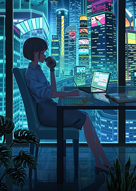 Cyberpunk Cityscape with Woman and Laptop