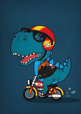 Dinosaur on Motorcycle Cartoon Illustration