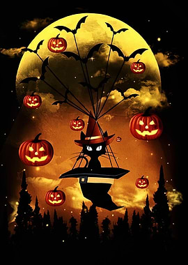 Halloween Cat Witch with Pumpkins and Bats