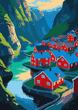 Colorful Fjord Village Illustration