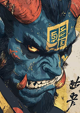 Blue Oni Demon Close-Up Illustration