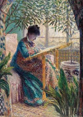 Woman Embroidering in a Garden, Painting