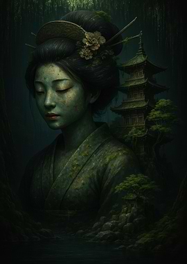 Geisha in Forest with Pagoda