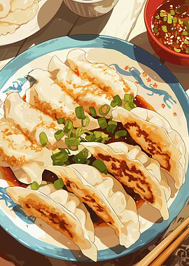 Delicious Dumplings with Sauce and Chopsticks