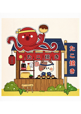 Cute Takoyaki Stand with Cat and Octopus