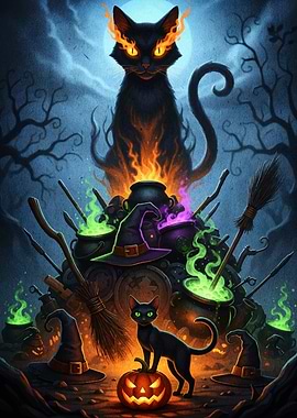 Halloween Cats and Witchcraft Scene