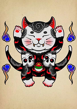 Maneki Neko Tattoo Style Illustration
