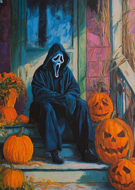 Ghostface on Steps with Pumpkins
