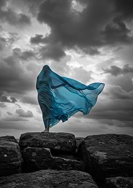 A woman in Blue Fabric on Rocks