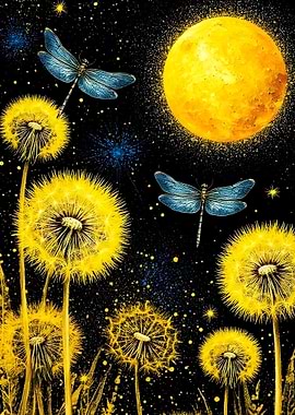 Dragonflies and Dandelions under a Yellow Moon