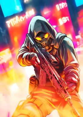 Futuristic Soldier with Rifle in Cityscape