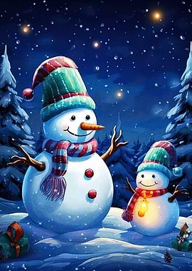 Snowman Family in Winter Wonderland