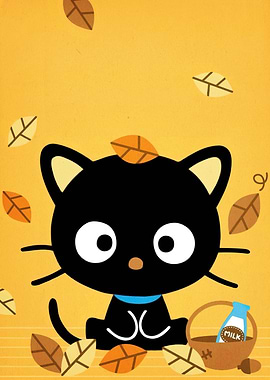 Black Cat with Milk and Autumn Leaves