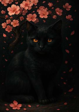 Black Cat with Cherry Blossoms
