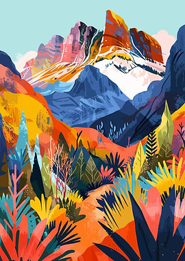 Colorful Abstract Autumn Mountain Minimalist Illustration Art