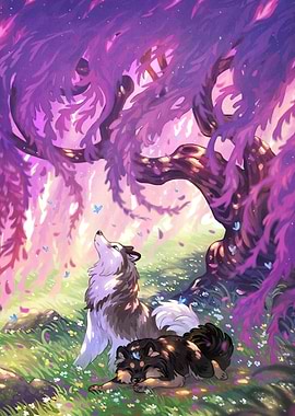 Two Dogs Under Purple Tree