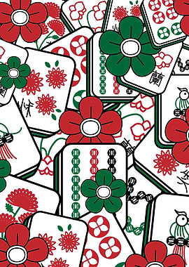 Mahjong Tiles and Flowers Pattern