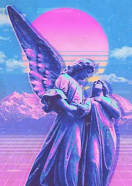 Vaporwave Angel Statue with Pink Sun