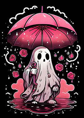 Cute Ghost with Pink Umbrella and Roses