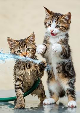 Two Kittens Playing with Water Hose