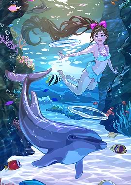Underwater scene with girl and dolphin