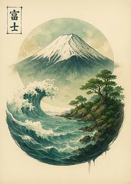 Mount Fuji and Wave Watercolor Art