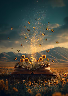 Open Book with Sunflowers and Butterflies