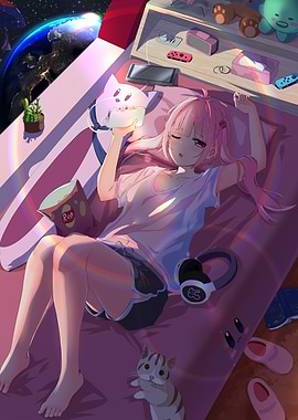 Anime Girl Relaxing in Space Bedroom