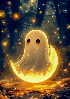 Cute Ghost on Moon with Stars