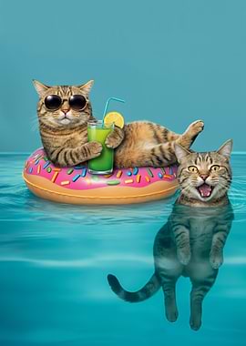 Cats Relaxing in Water with Donut Float