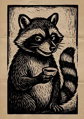 Raccoon with Coffee Cup Woodcut Print
