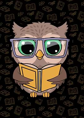 Cartoon Owl Reading Book with Glasses
