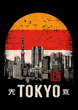 Tokyo Skyline Retro Style Illustration