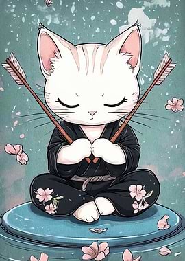 Meditating Cat Samurai with Arrows