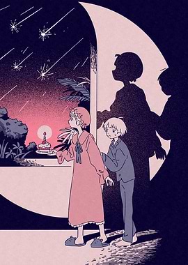 Children watching shooting stars with cake