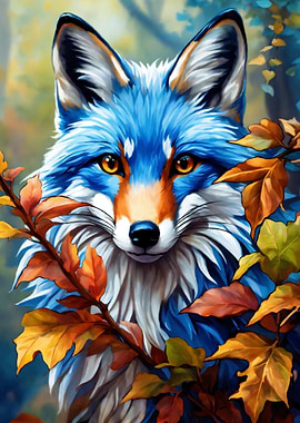 Blue Fox Portrait with Autumn Leaves