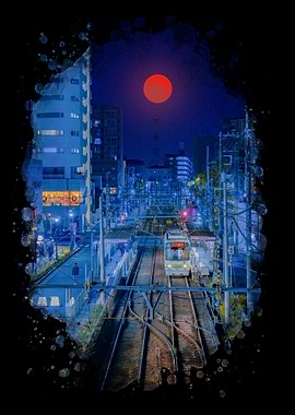 Night Train in Japan with Red Moon