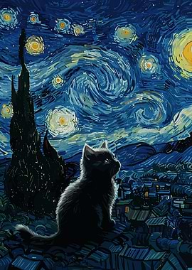 Black Cat Starry Night Painting