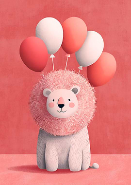 Cute Lion with Balloons Illustration