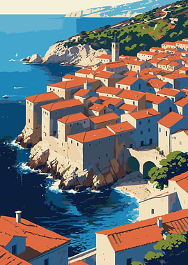 Coastal Town with Red Roofs