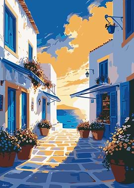 Greek Island Street Scene Painting