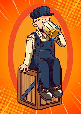 Cartoon Man Drinking Beer on Crate